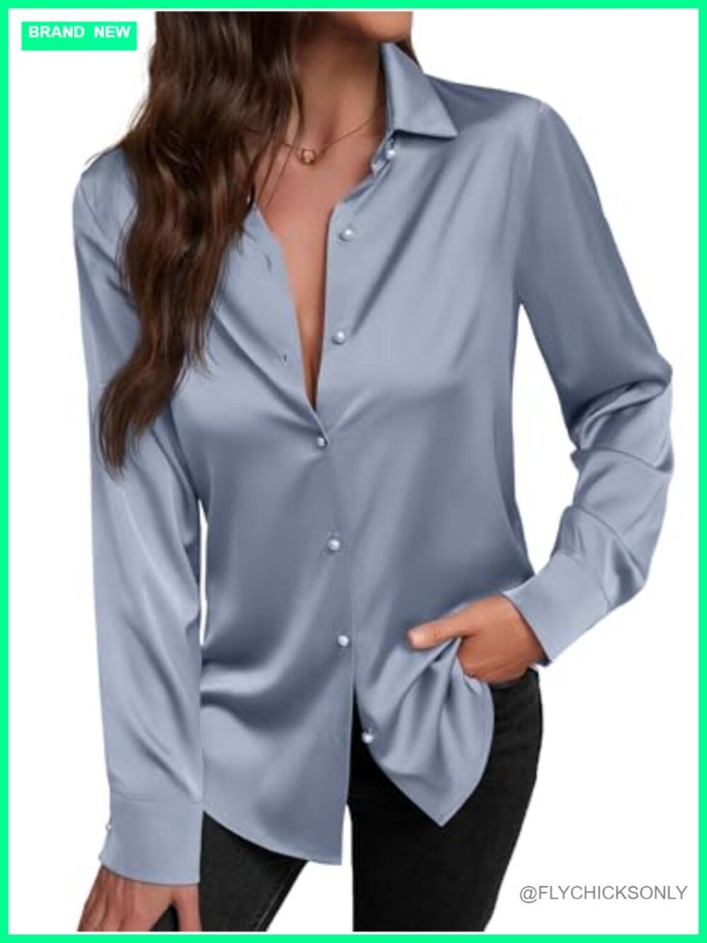 Satin Button Down Shirt V-Neck Long Sleeve Business Blouse